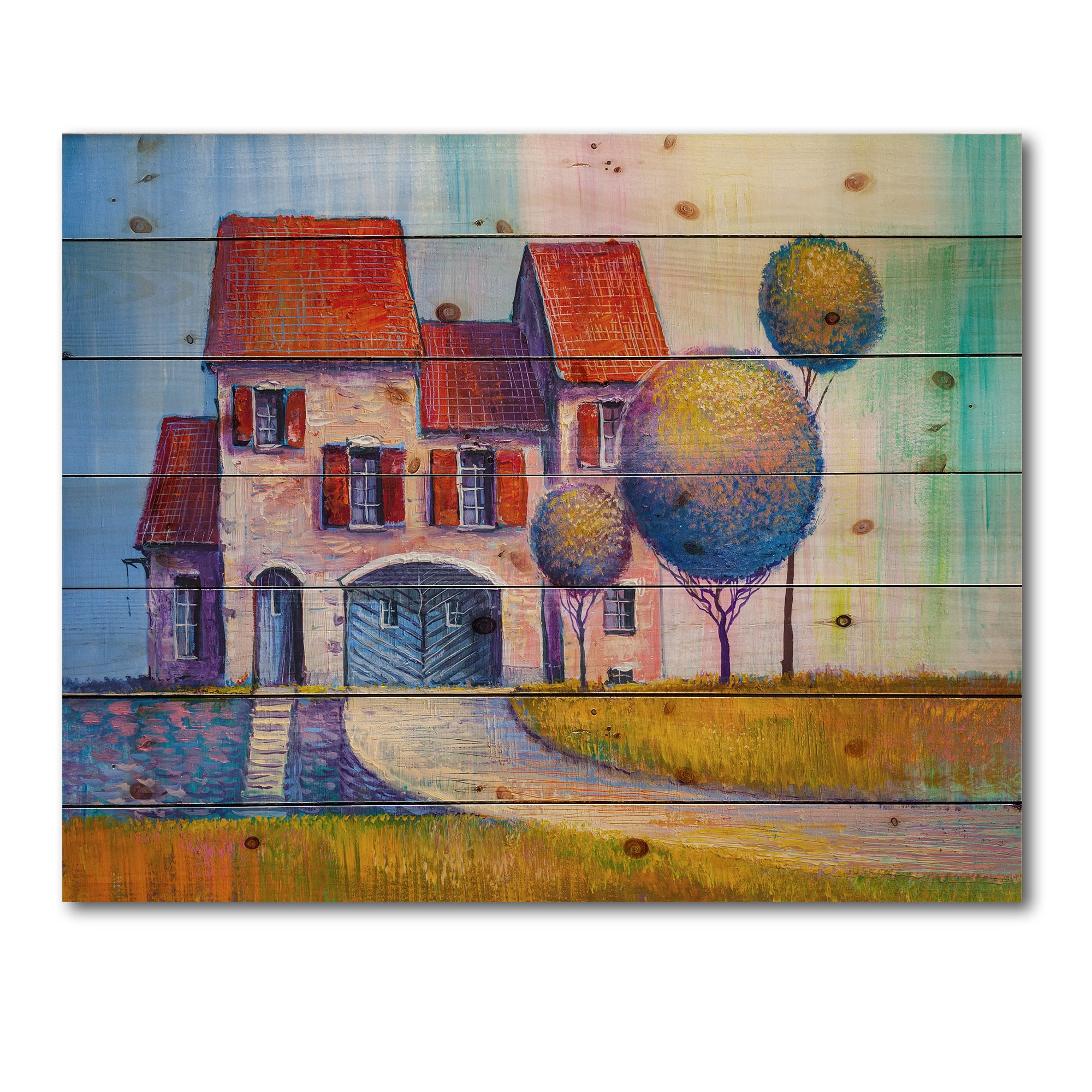 Designart 'A Red Roof House With In The Village' Modern Print on Natural Pine Wood