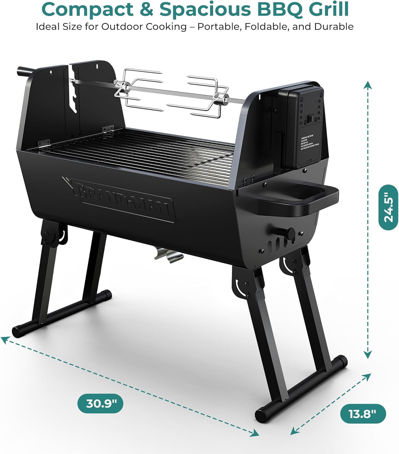 Brandman Grills Portable 2-in-1 Charcoal Rotisserie Grill with Spit Roaster & Motor, BBQ Outdoor Cooking