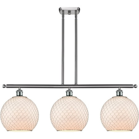 

Brushed Satin Nickel Tone Island Lighting 36 Wide White with Nickel Chicken Wire Glass Steel/Cast Brass Medium Base 3 Light Fixture