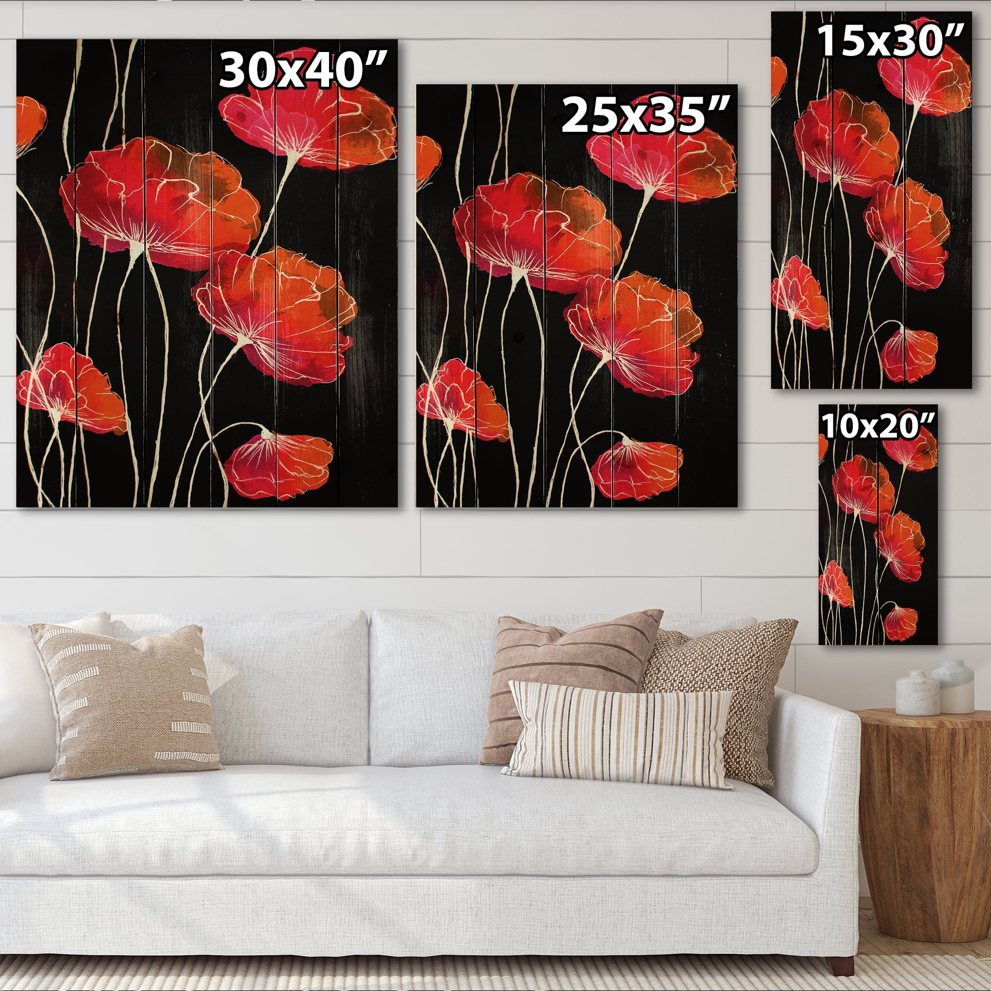 Designart 'Abstract Red Flower Detail On Black Background II' Traditional Print on Natural Pine Wood