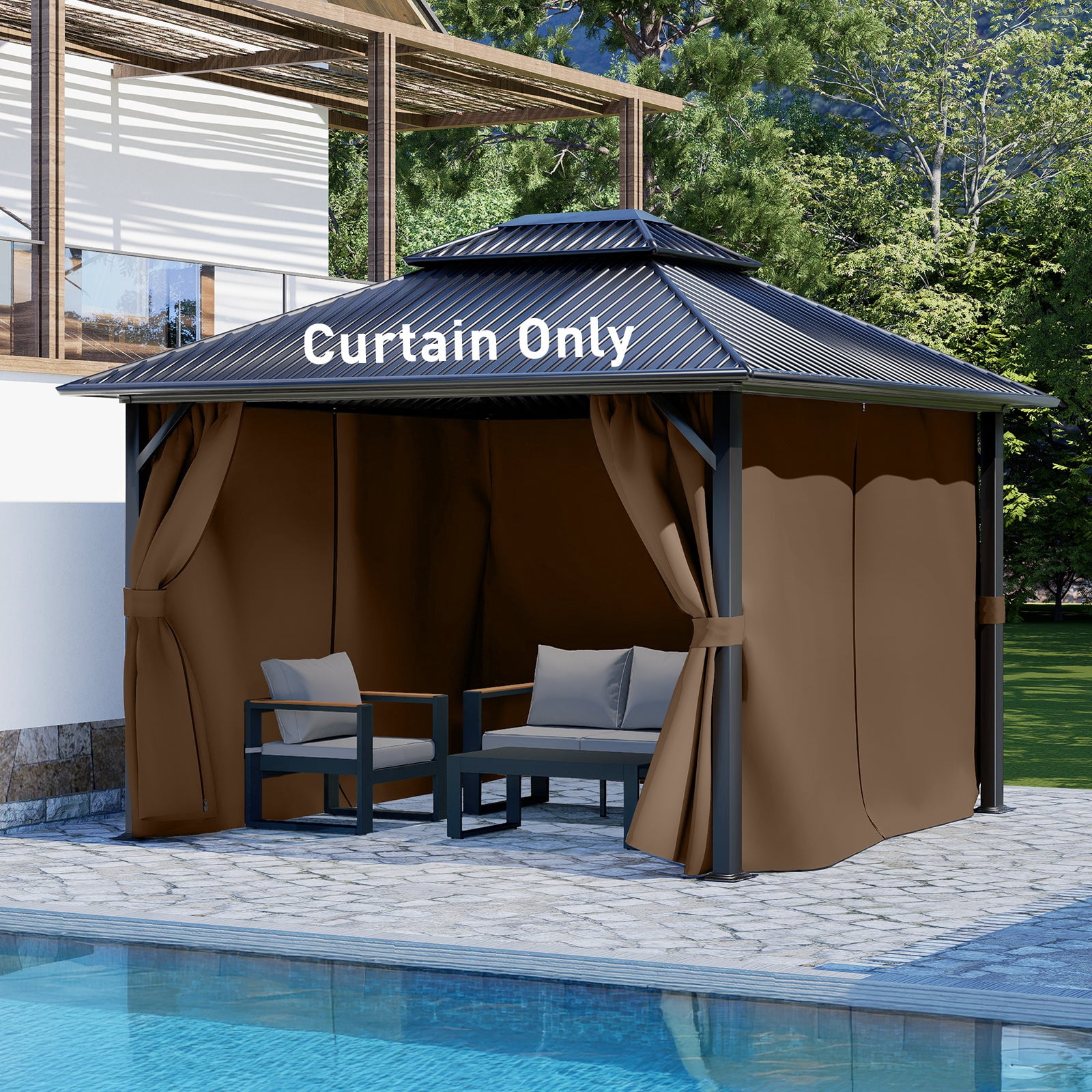 Aoodor 12' x 16' Gazebo Curtain Set Protecting Privacy Side Walls 4 Panels, Curtain Only - Brown