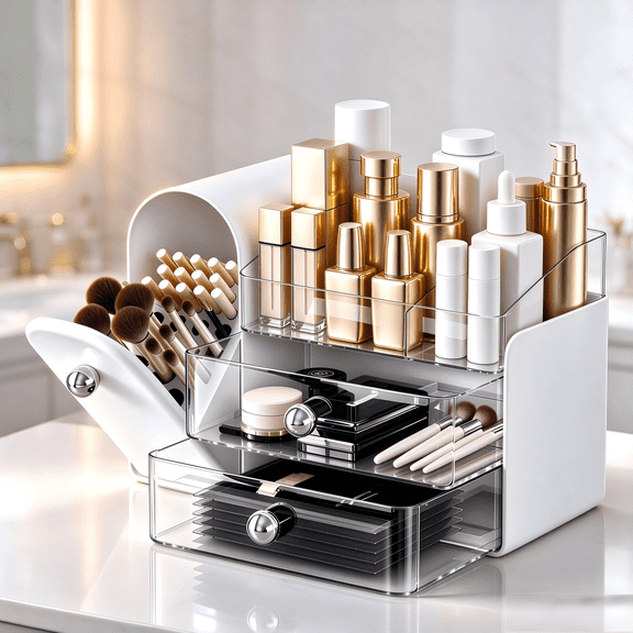 Makeup Organizer,Vanity Organizer with Makeup Brush Holder,Large Skincare Organizers with Drawers,Bathroom Countertop Organizer,Storage Lipstick,Perfume,Nail Polish,Beauty,Gifts for Woman