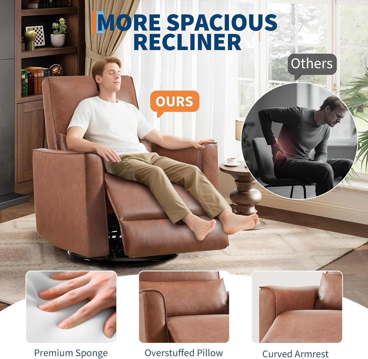 Litake 360° Swivel Rocking Recliner Chair, Glider Rocking Chair, Upholstered Faux Leather Recliner, Manual Recliner Chair with Lumbar Support, Nursery Rocking Recliner for Living Room, Brown