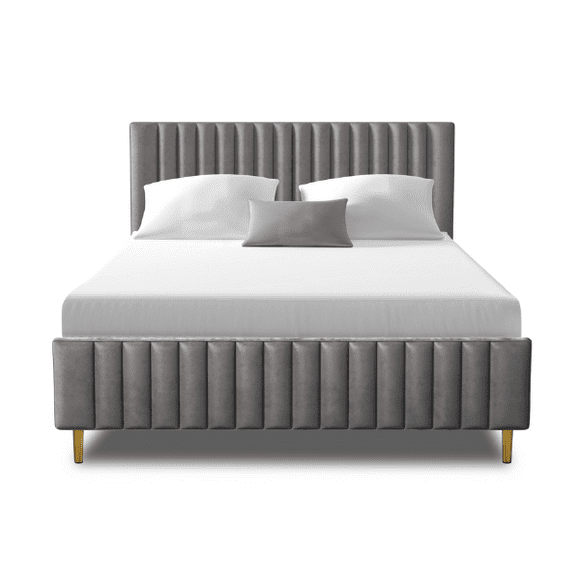 Ava Platform Bed Frame, Velvet Upholstered Tufted Bed, Wood Slat Support, No Box Spring Needed, Metal Bed Frame with High Headboard, Easy Assembly (Grey, Double)