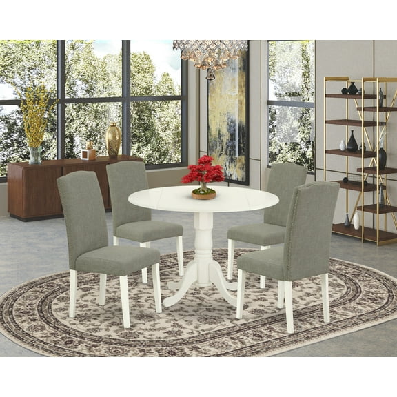 DLEN5-LWH-06 5Pc Round 42" Kitchen Table With Two 9-Inch Drop Leaves And Four Parson Chair With Linen White Leg And Linen Fabric Dark Shitake