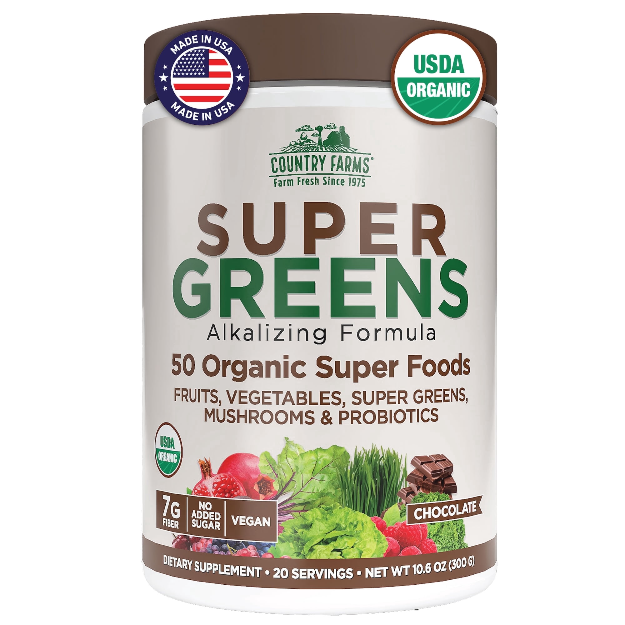 Country Farms Organic Super Greens Powder, 50 Organic Superfoods, Fruits, Vegetables & Mushrooms, Chocolate