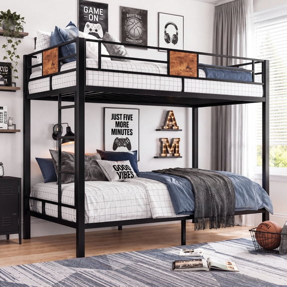 Amolife Metal Twin Over Twin Size Bunk Bed Frame with Stairs & Full-Length Guardrail, Black