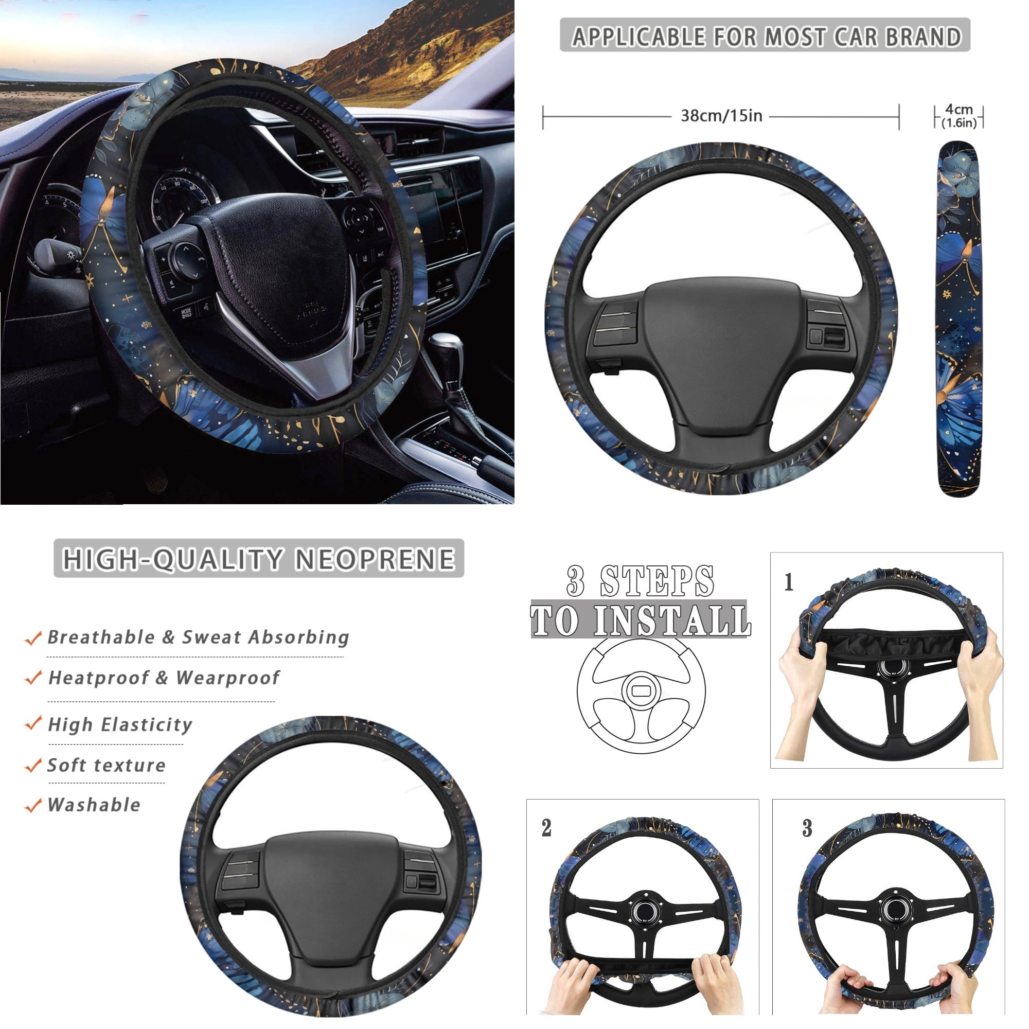Yuyamidu Blue Butterfly Car Seat Cover Set of 14 Fashion Steering Wheel Cover Seat Belt Cover Garbage Bin Armrest Cover Rearview Mirror Cover Cup Mat Gear Shift Knob Cover Handbrake Cover