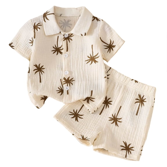 Mnyotv Beach Summer Outfits for Toddler Boy Short Sleeve Button Shirts Top and Elastic Waistd Shorts 2Pcs Matching Sets Size 12-18 Months