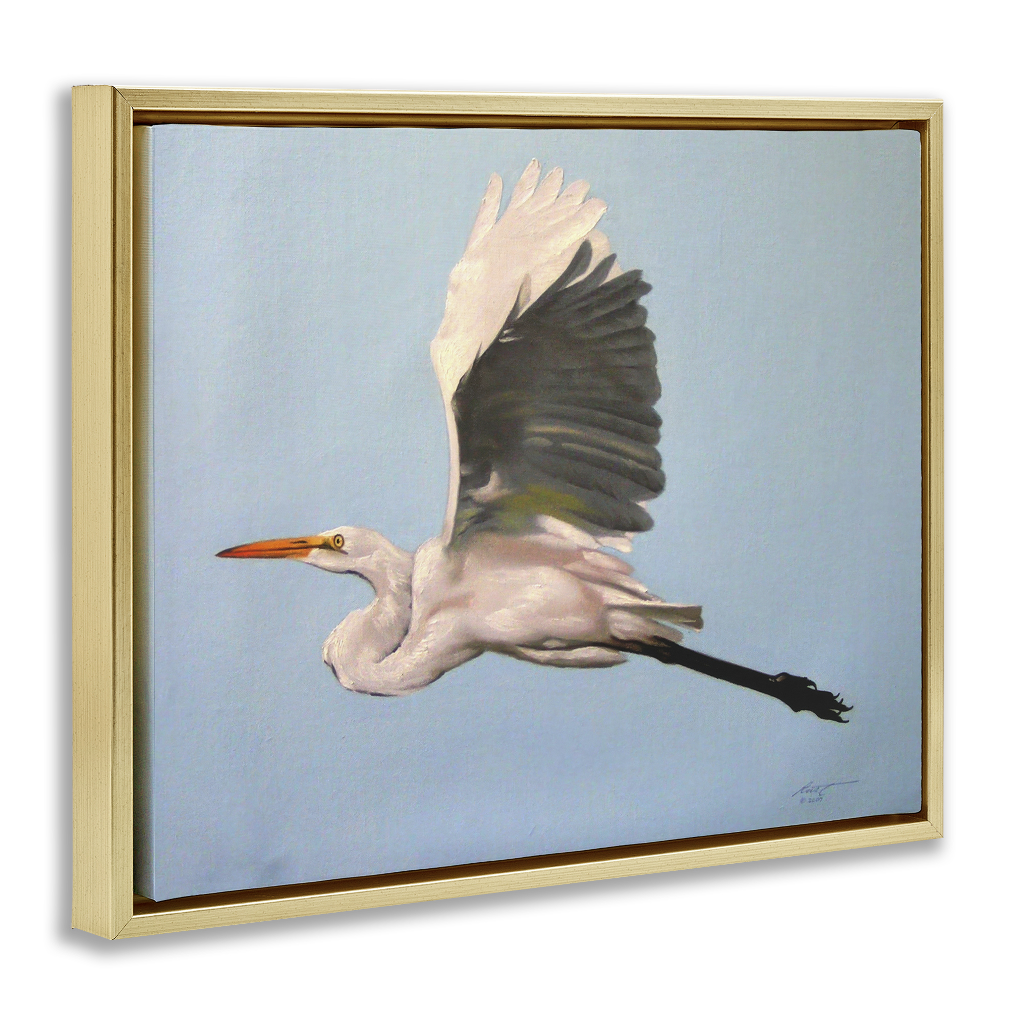 Stupell Industries Graceful Egret Flying Animals & Insects Painting Gold Floater Framed Canvas Art Print Wall Art, 21 x 17