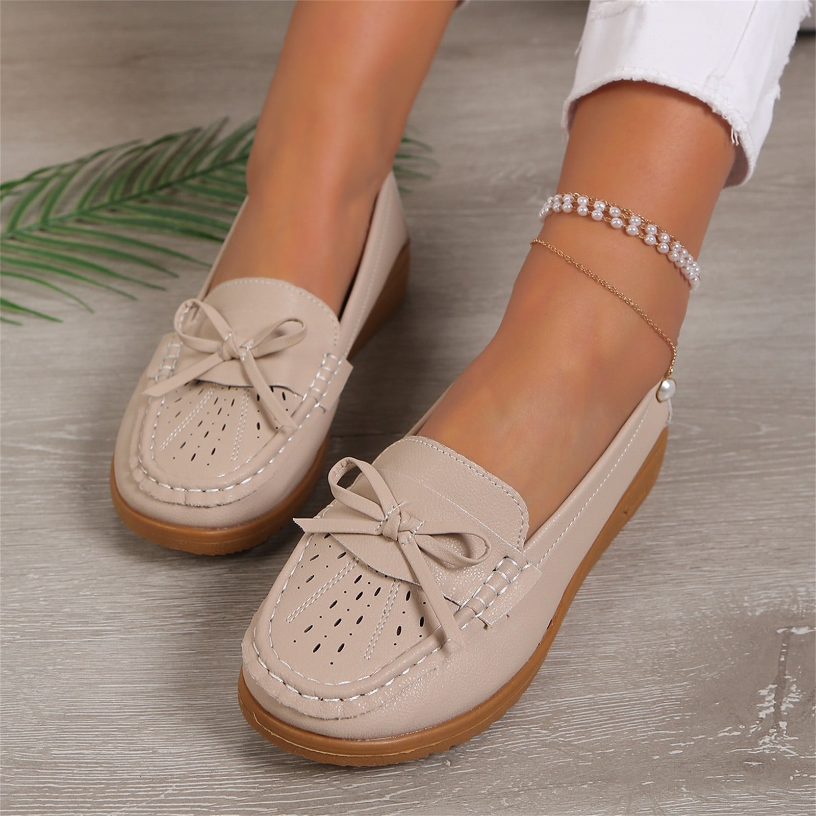 Adult Women Shoes Casual Dress Shoes for Women Wide Width Ladies Fashion Solid Color Breathable Hollow Leather Bow Decorated Flat Casual Female