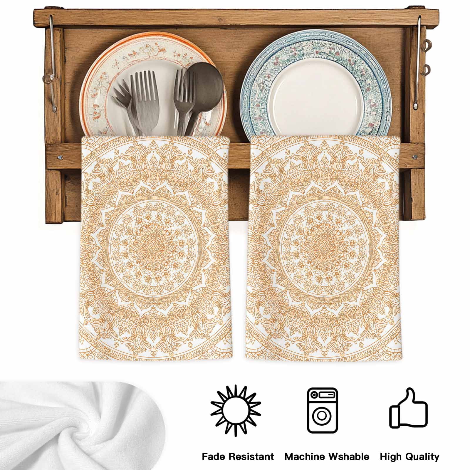 Boho Geometric Kitchen Towels Set of 2, Ethnic Bohemian Farmhouse Art Motifs Absorbent Dish Towels for Kitchen, Microfiber Hand Towel, Quick Drying Tea Towel for Cleaning Decorative Dishcloths