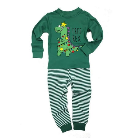 

Christmas Tree Rex T-Rex Toddler Long Sleeve Top Striped Pants Pajama Set