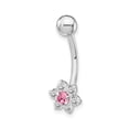 thumbnail image 1 of 10k White Gold Cubic Zirconia Cz Flower Pink Center Belly Button Rings Screw Navel Bars Body Piercing Naval, 1 of 7