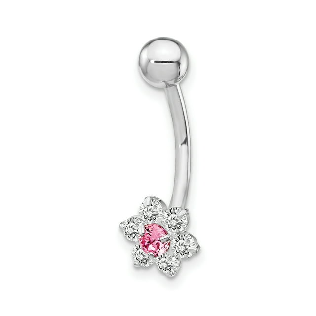 10k White Gold Cubic Zirconia Cz Flower Pink Center Belly Button Rings Screw Navel Bars Body Piercing Naval