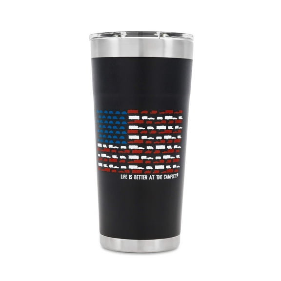 Camco 53065 Life is Better at the Campsite Stainless Steel Insulated Twist Top Tumbler - Charcoal, 20 oz. - Features Superior Ice/Heat Retention - U.S. Flag Print Made of Mini RVs