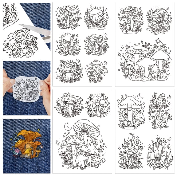 4 Sheets Fantasy Mushroom Water Soluble Hand Sewing Stabilizers for Fabric Embroidery Stitch Practice Eembroidery Patterns Transfers