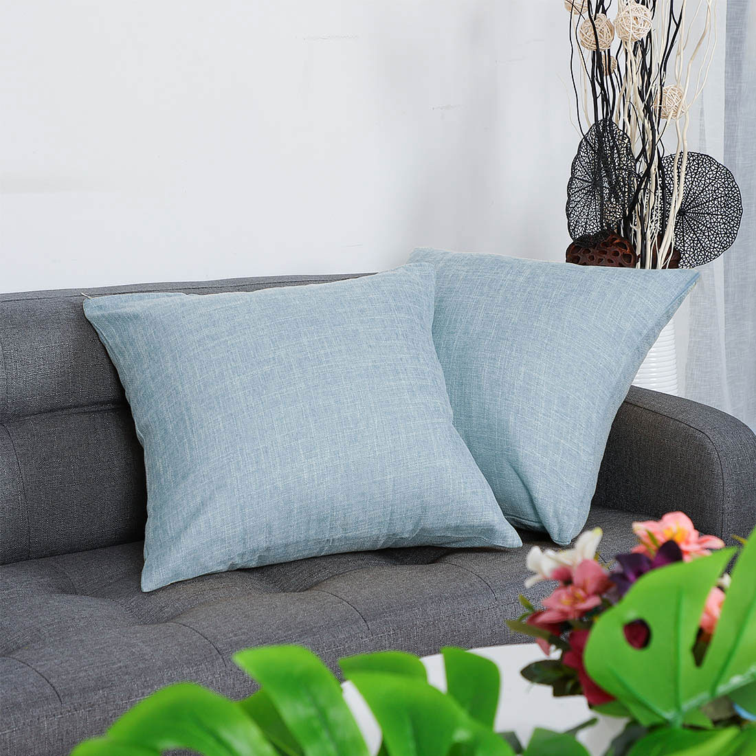 Unique Bargains 2 Pack Cotton Linen Throw Pillow Covers 18" x 18" Blue
