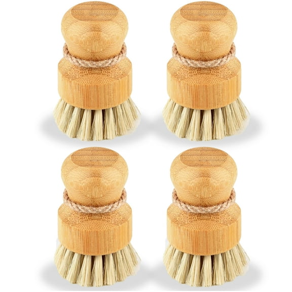Bamboo Dish Scrub Brushes, Kitchen Wooden Cleaning Scrubbers Set for Washing Cast Iron Pan/Pot, Natural Sisal Bristles, Set of 4