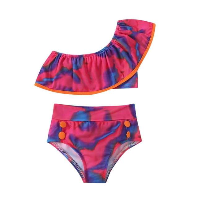 Girls Bikini Swimsuit Toddler Baby Girls Tie-Dye Ruffle Swimwear One Shoulder Bathing Suit Bikini Set Baby Bathing Suit Bathing Suit Tops One Shoulder Tops