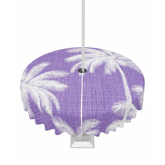 Outdoor Tablecloth with Umbrella Hole and Zipper Tropical Palm Trees Round Tablecloths 60 Inch Waterproof Purple Linen Coastal Patio Table Cover for Outdoor Tables Picnic BBQS Party Decor