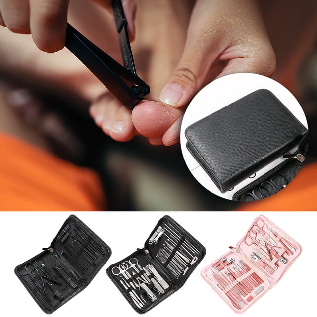 Set de manicura y pedicura de acero inoxidable de 30 piezas con cortaúñas, estuche de cuero portátil, herramientas de viaje para el cuidado de las uñas de manos, pies y rostro.Kit de 5x15,5 cm