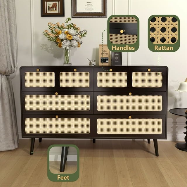 Kadyn 6 Drawer Dresser, Modern Rattan Dresser Chest with Wide Drawers and Metal Handles, Farmhouse Wood Storage Chest of Drawers for Bedroom, Living Room, Hallway, Entryway Kadyn 6 Drawer Dresser, Modern Rattan Dresser Chest with Wide Drawers and Metal Handles, Farmhouse Wood Storage Chest of Drawers for Bedroom, Living Room, Hallway, Entryway