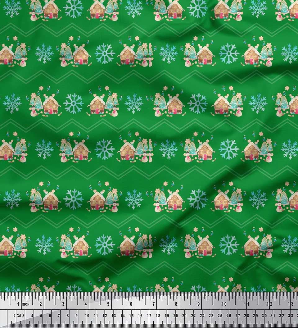 Soimoi Green Poly Georgette Fabric Snowman & Snowflake Christmas Decor Fabric Printed Yard 52 Inch Wide