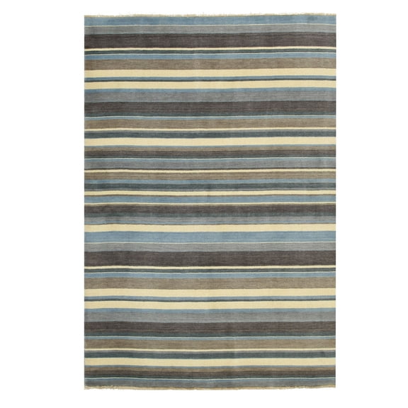 Handmade Wool Striped Rug 10x13 Blue Brown Ivory Mocha Silver Transitional Area Rug