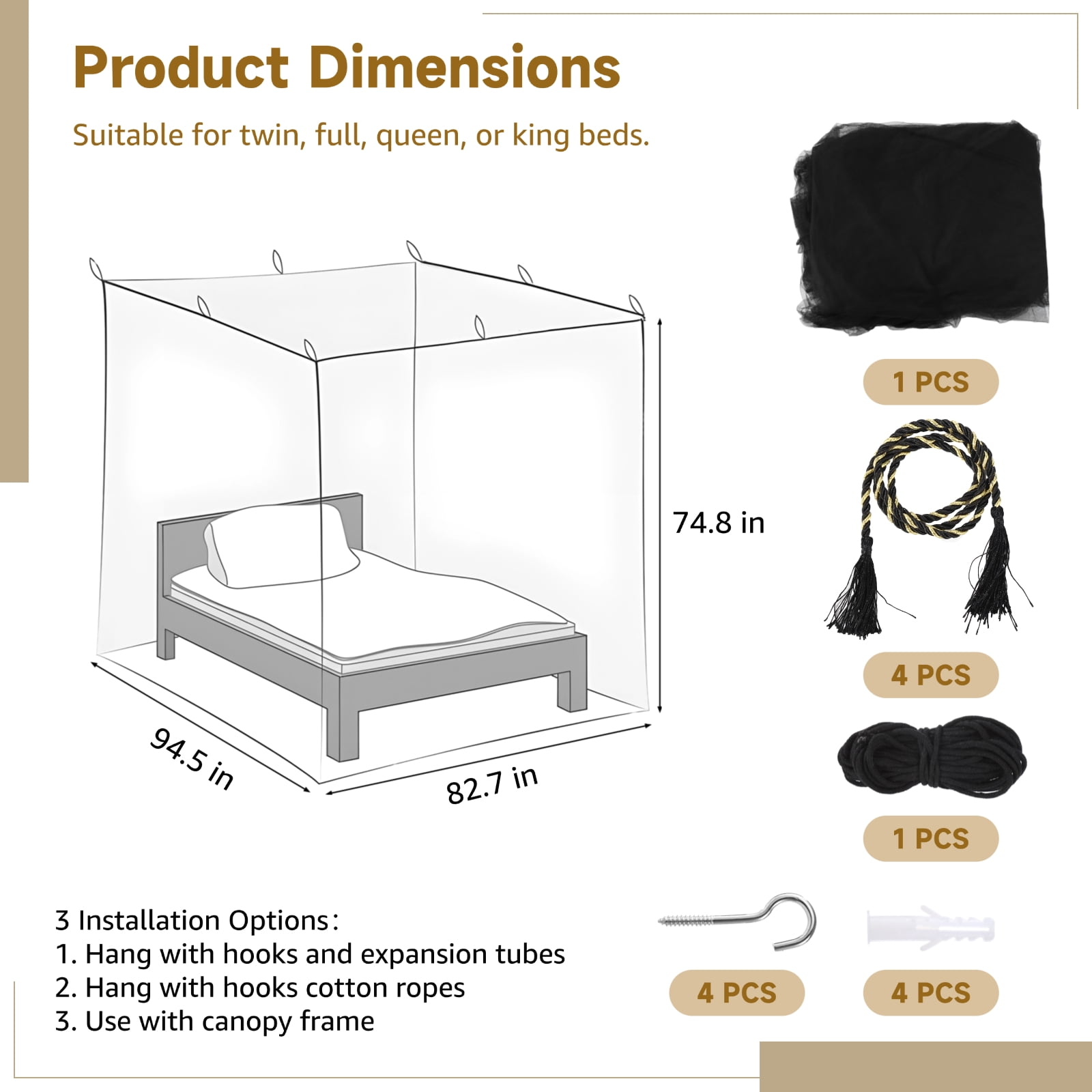 Mosquito Net for Bed, Elegant Black Bed Canopy Curtain, Four-Corner Netting with 4 Openings, Mysterious Polyester Bed Drape, Fits Full/Queen/King, 82.7 x 94.5 x 74.8"