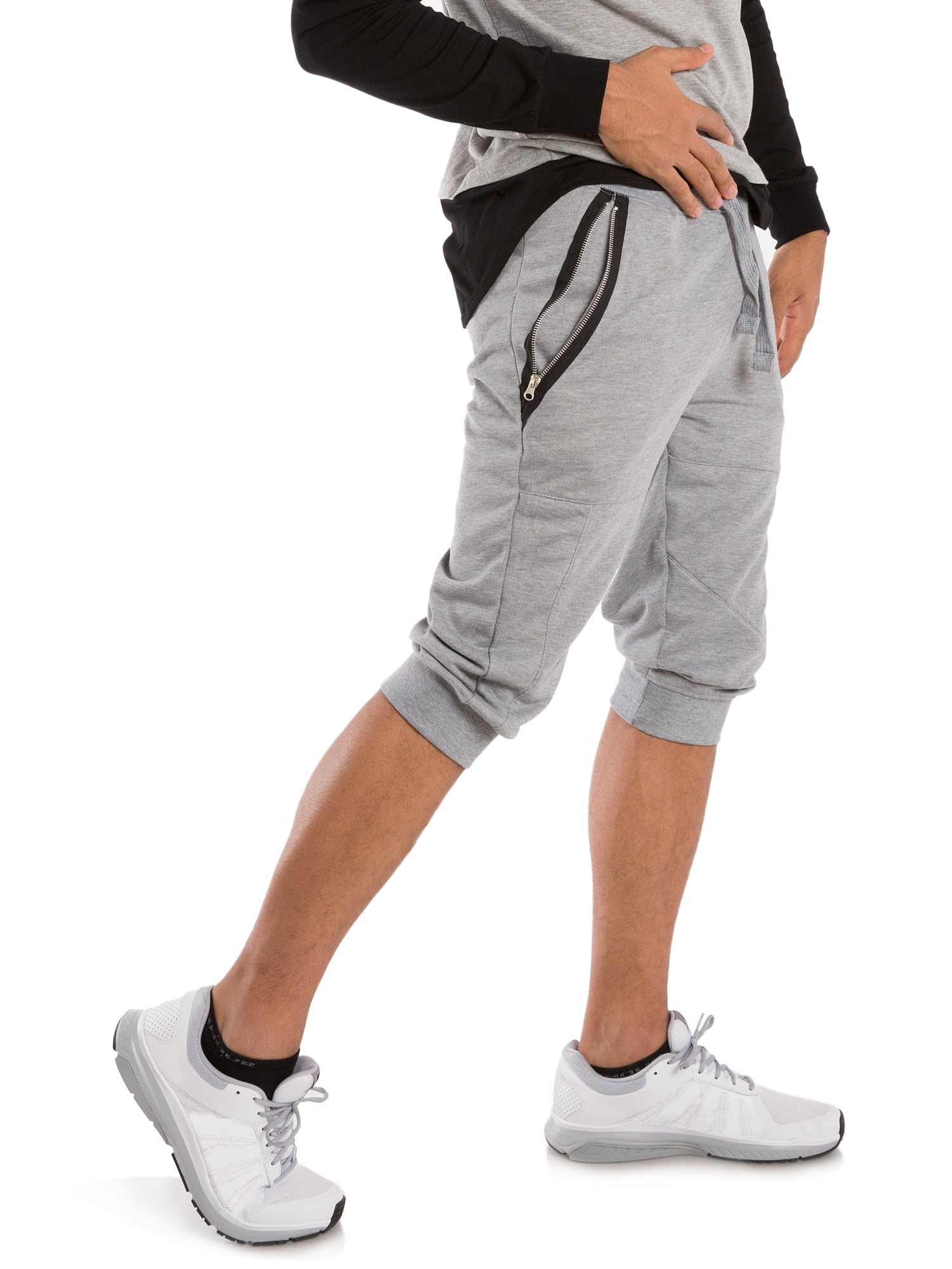 Vibes Mens French Terry Capri Shorts Zip Side Pocket Rib Waist Cuff 18/'/' Inseam