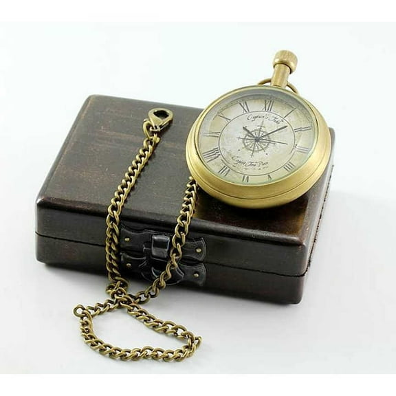 Nautical Vintage Solid Brass Pocket Watch With Box, Multi-coloured Brass Watch Roman Numerals Open Face With Chain