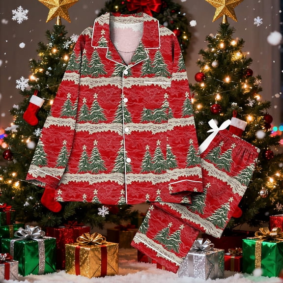 DailyTrove Womens Winter Red Green Christmas Letter Pajama Set - Long Sleeve Loose Fit, Festive Loungewear,Red,L