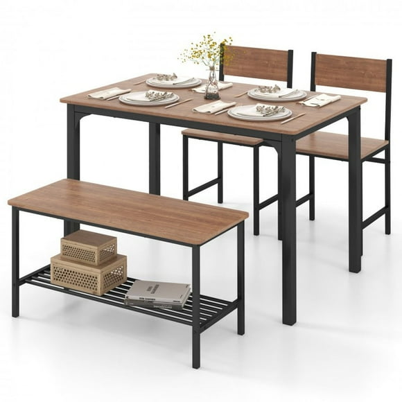 Rustic 4-Piece Dining Table Set with Two Chairs and Bench