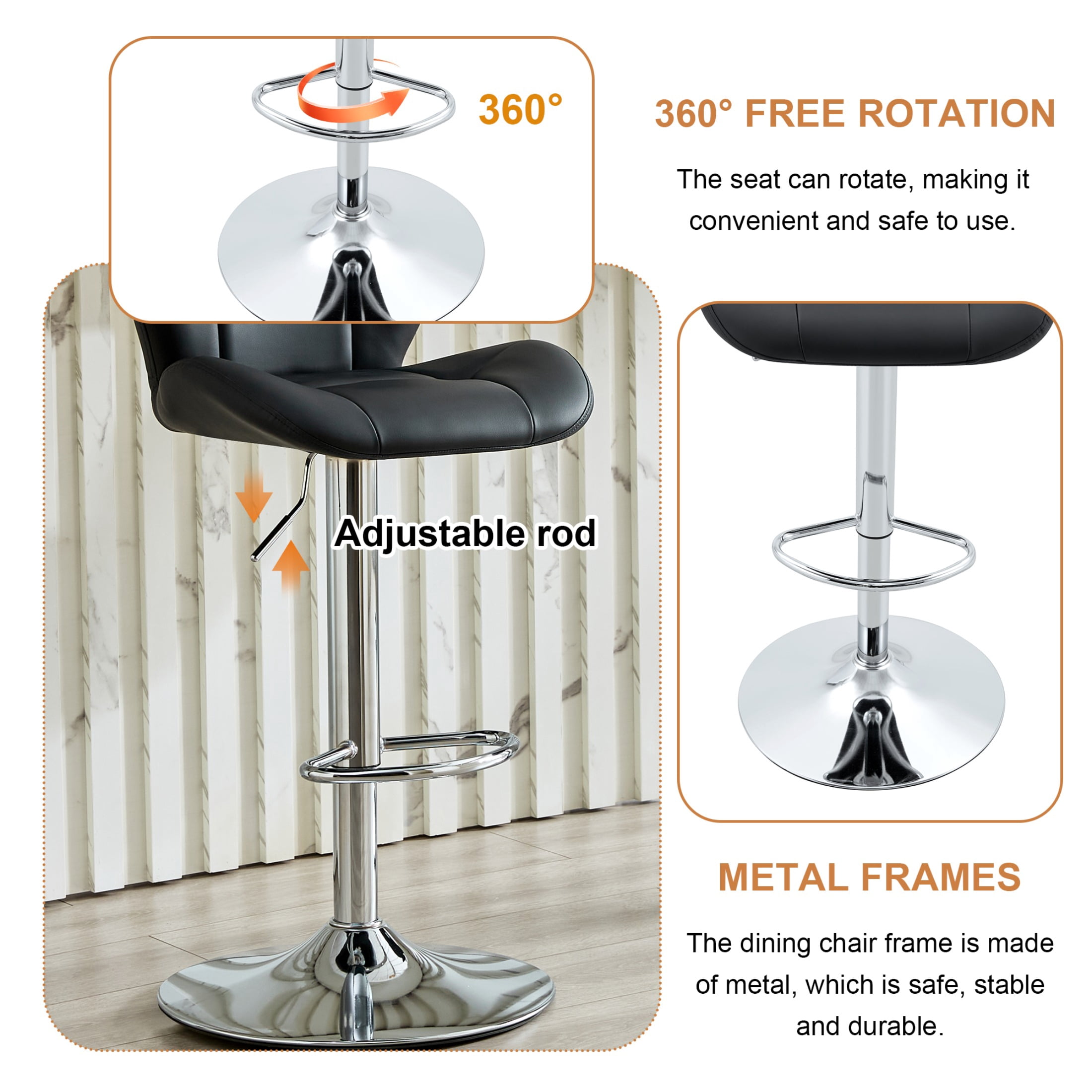 Bar Stools Set of 2, Black PU Leather Upholstered Adjustable Swivel Barstools, Adjustable Height Bar Chairs with Silver Metal Base & Footrest for Kitchen Island, Pub, Bar