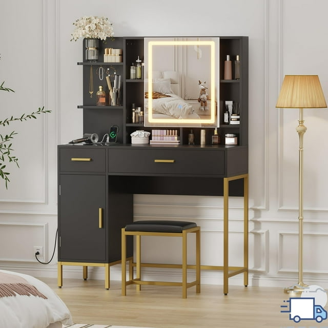 Makeup Vanity with LED Lighted Mirror, Vanity Desk with Drawers, Cabinets, Shelves and Stool, Modern Dressing Table for Bedroom