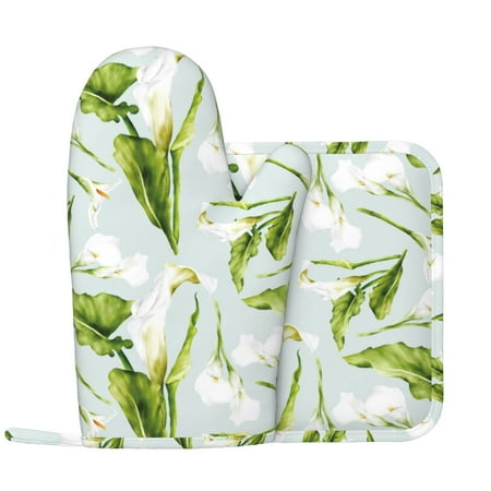 

Oven Mitts and Pot Holders Sets Calla Lily Flowers Light Blue Non-Slip Silicone Oven Gloves Potholders Cotton Lining Heat Resistant Gloves Hot Pads for Kitchen Cooking Baking
