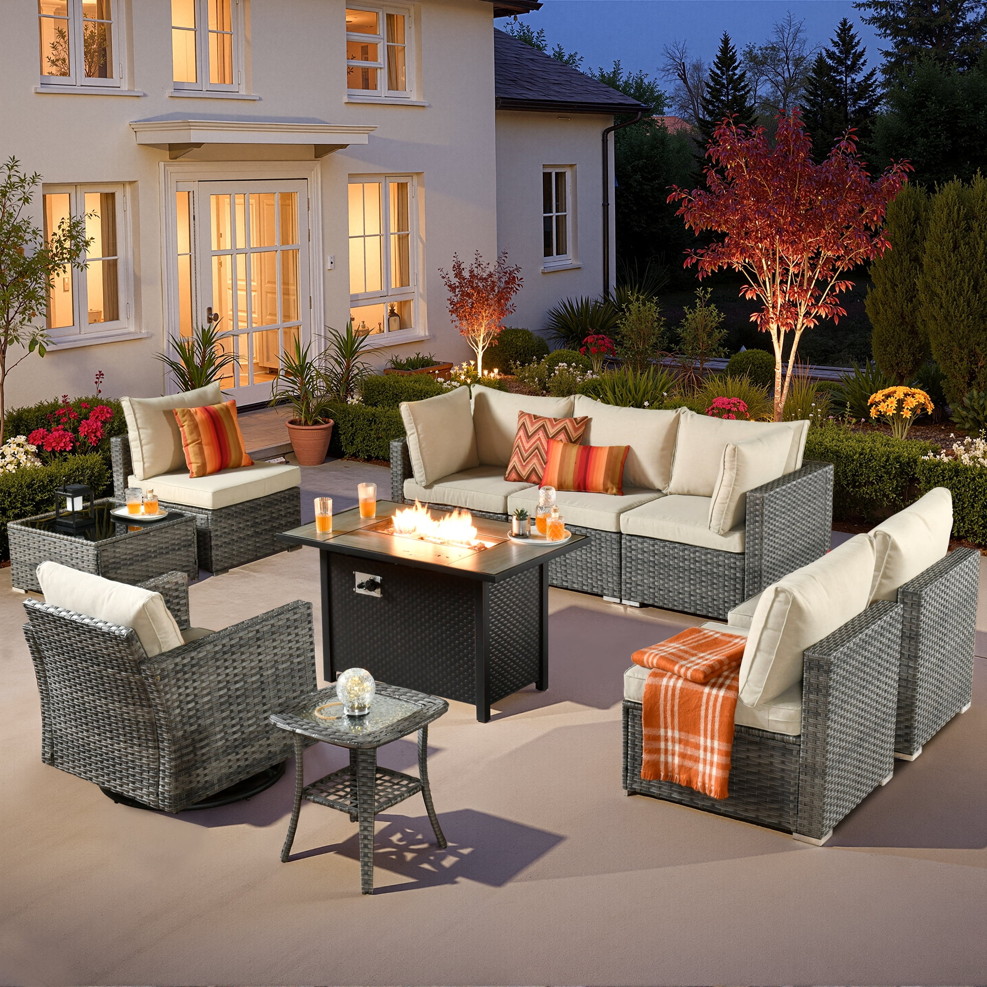 Vcatnet Patio Furniture Sets with Fire Pit 10 Pieces Sectional Sofa All Weather Wicker Outdoor Conversation Set with Swivel Glider Chair and Coffee Table, Beige