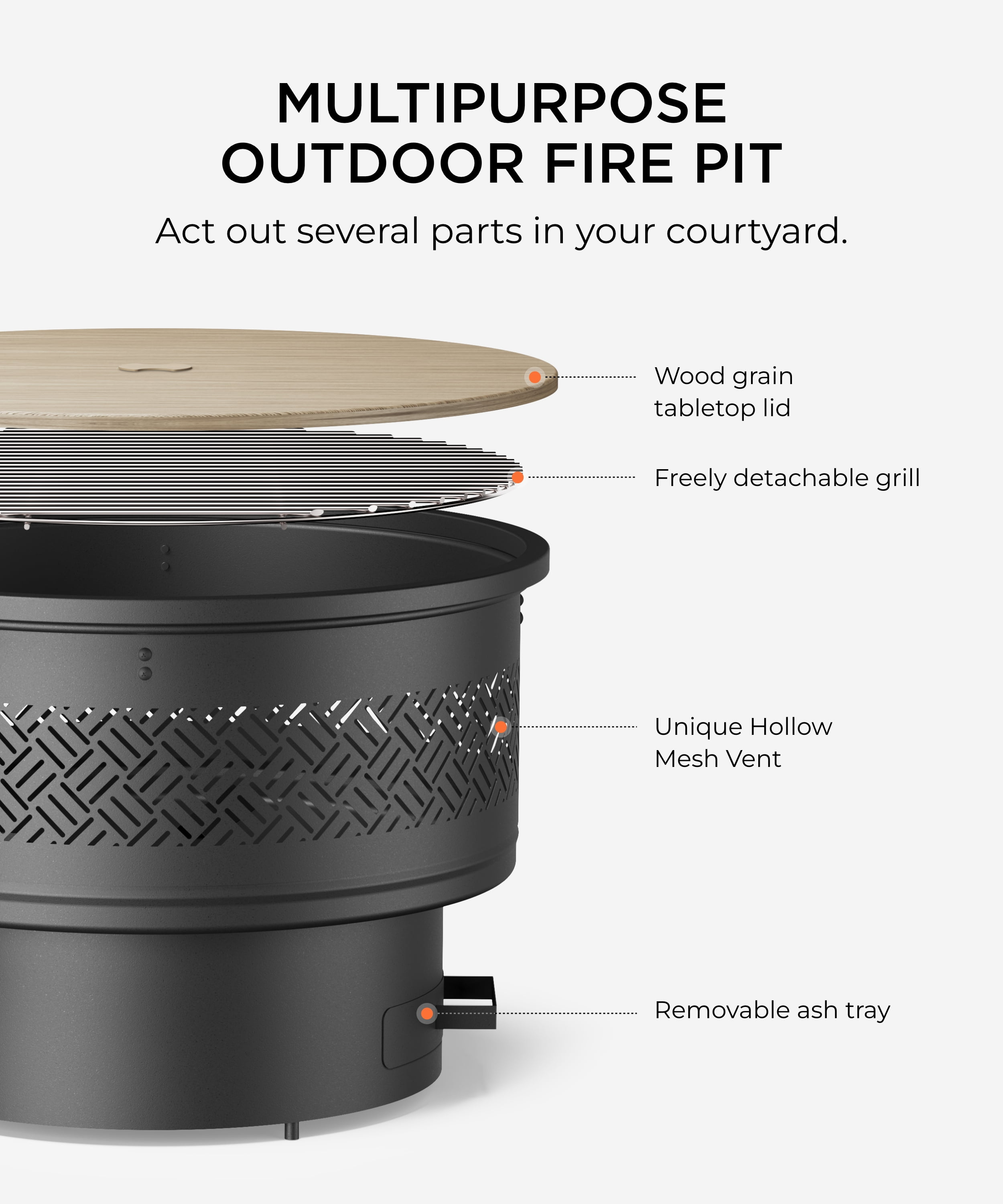 TVOFEK 26 inch Fire Pit Table with BBQ Grill & Lid, Round Wood Burning Firepits for Outside with Fire Poker for Bonfire, Camping, Yards