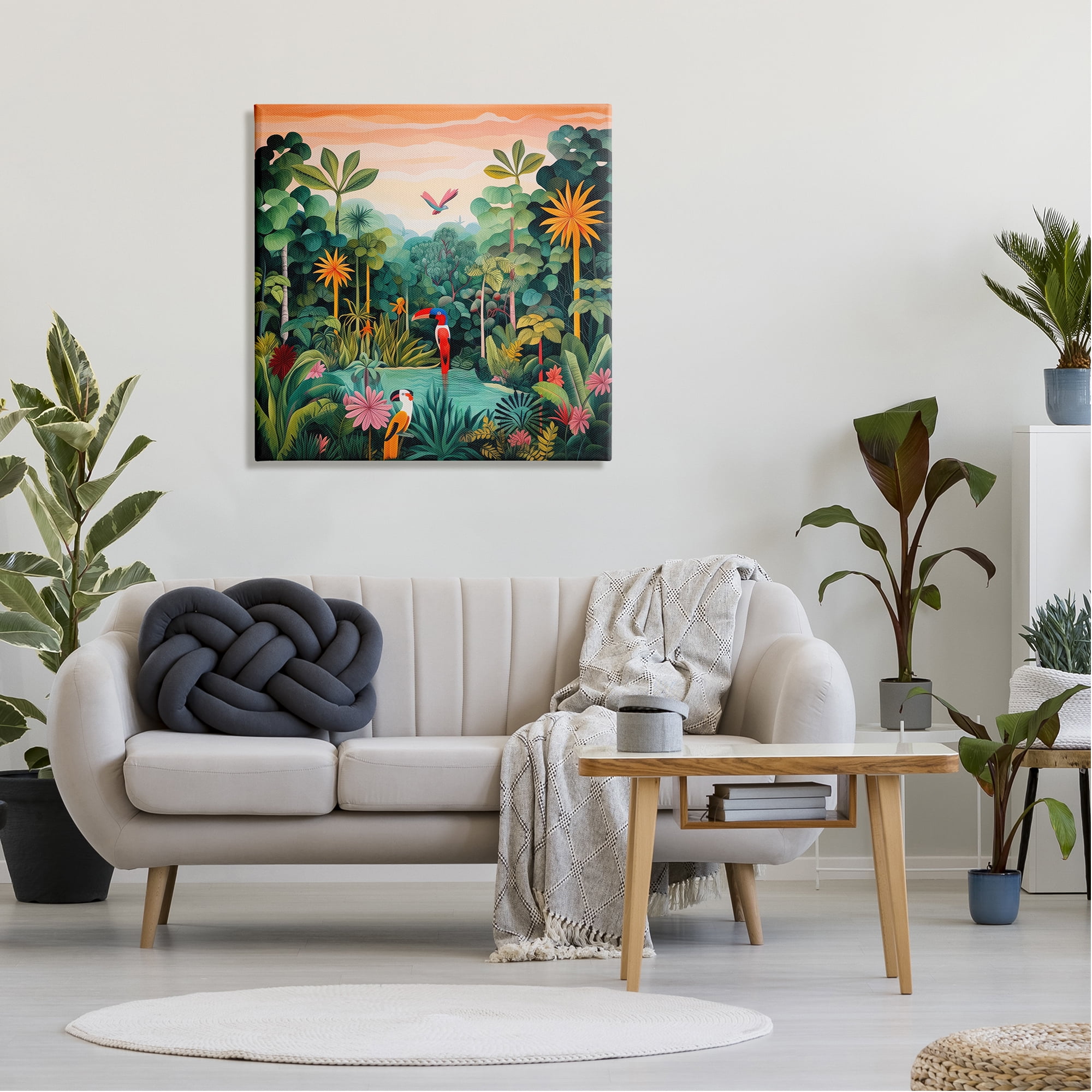 Stupell Industries Parrots & Tropical Pond Landscape Painting Gallery Wrapped Canvas Art Print Wall Art, 30 x 30