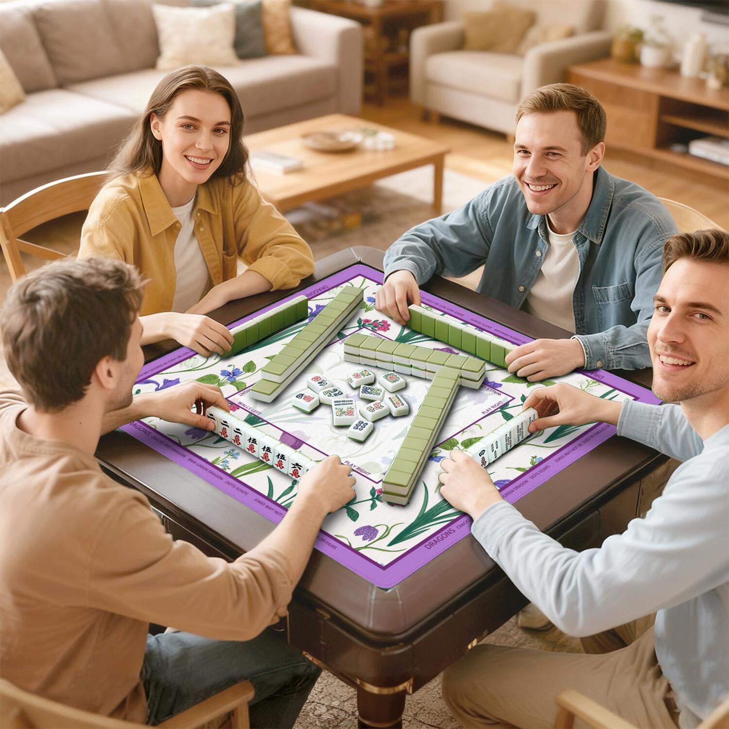Floral Mahjong Mat with Rules, 31.5*31.5in Anti Slip American Mahjong Mat for Table, Noise Reduction, Neoprene Mah jongg Mats with Carrying Bag & 3 Dices, Mahjong Set Gift, Board Tile Games Mats