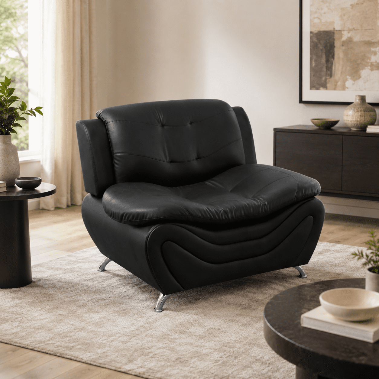 Gewnee Accent Chair Single Sofa, 42" Breathable Leather Sofa Chair with Solid Wood Frame & Metal Legs, Modern Furniture for Living Room Bedroom Office, Black