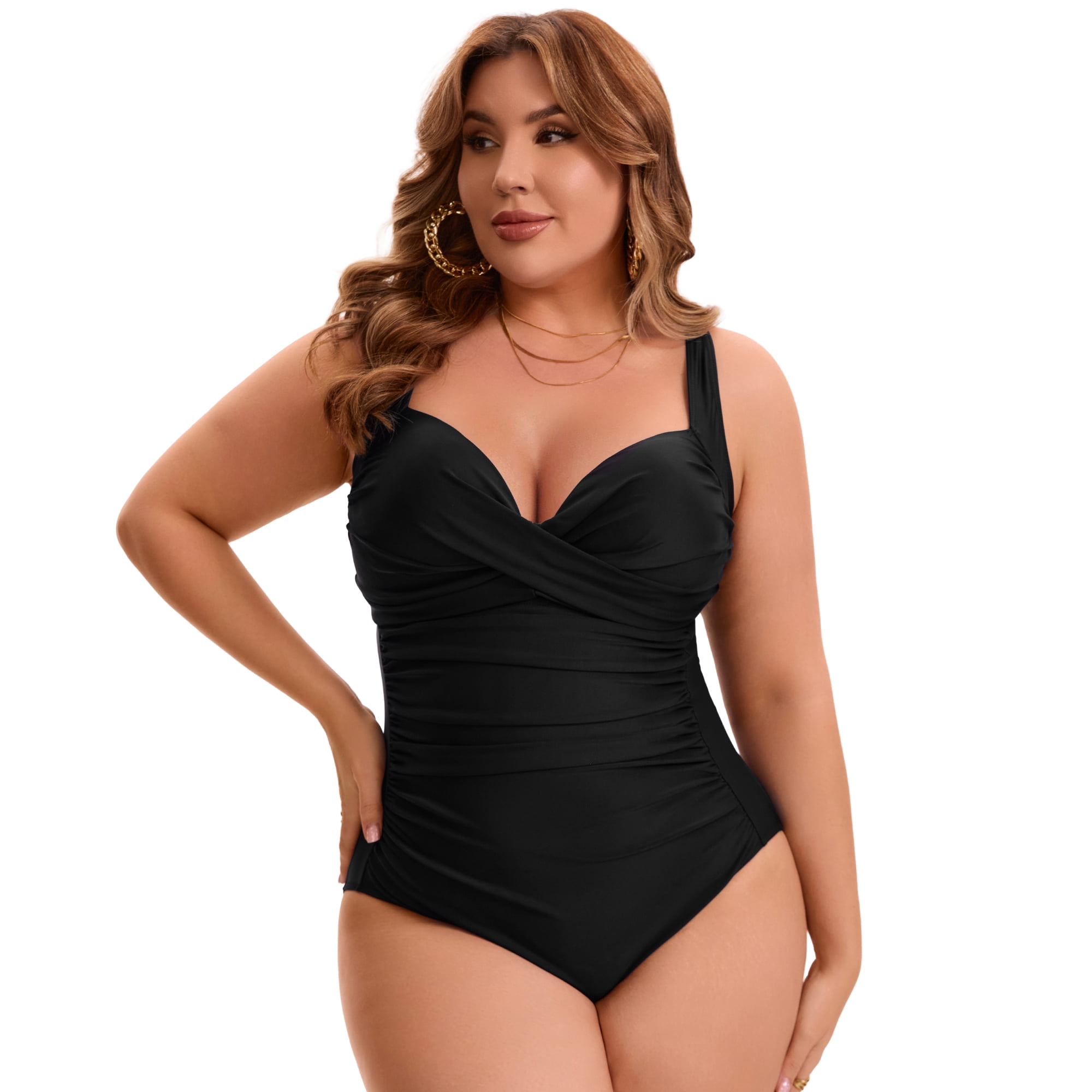DARING DIVA Women's Plus 1 Piece Crisscross V-neck Swimsuit 2X Black