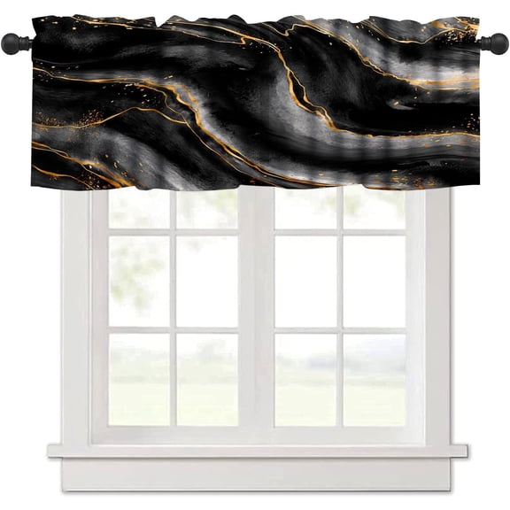 Black Kitchen Valance, Marble Gold Black Ombre Abstract Small Window Treatments for Kitchen Living Room Bathroom Cafe Decor Rod Pocket Modern Elegant Valances 54x18 Inch, 1 Panel