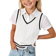thumbnail image 2 of SGFCWSX Girls Cable Knit Vest V Neck Striped Trim Preppy School Uniform Sleeveless Sweater for Kids White Size 14, 2 of 8