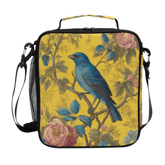 Insulated Square Lunch Bag with Side Mesh Pocket Fashion Lunch Box Reusable Lunch Tote 10.5" x9.5" x3.5" Bluebird Surrounded by Flowers