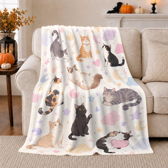 Whimsical Cats Moons Stars Watercolor, Playful Pet Portrait Pattern, Warm Flannel Blanket for Living Room and Bedroom, Cat Lovers Thank You Gift, Pet Lover Home Decor
