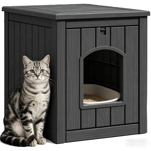 Cat Litter Box Enclosure, Multi-Functional Enclosed Cat Litter Box Furniture, Outdoor Cat House Weatherproof, Openable Front Door & Raised Floor, Easy to Clean & Assemble, Black