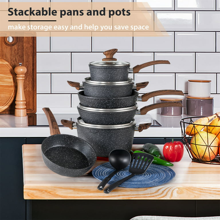MF Studio 15 Piece Nonstick Kitchen Cookware Sets - Granite Hammered Pots  and Pans Set, Induction & Dishwasher Safe (Gold) 