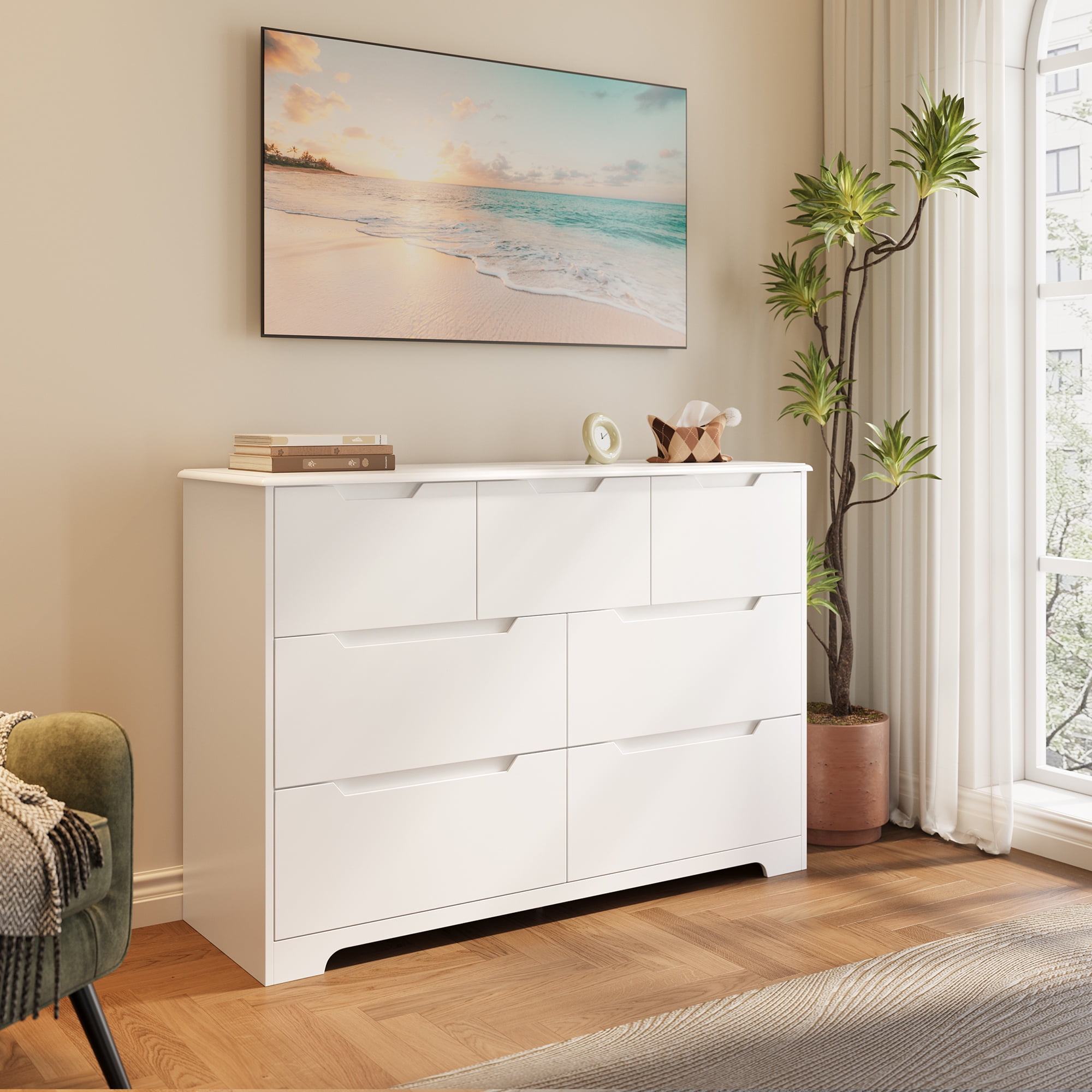 Asofer 7 Drawer Dresser with Cutout Handle, Chest of Drawers for Bedroom, Entryway, Hallway, White